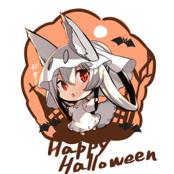 Rule 34 | 1girl, :&lt;, animal, animal ear fluff, animal ears, barefoot, bat (animal), chibi, commentary request, dress, ears through headwear, fang, fox ears, fox girl, fox tail, hair between eyes, hair rings, halloween, happy halloween, highres, long hair, long sleeves, looking at viewer, original, parted lips, red eyes, silver hair, solo, tail, translation request, triangle mouth, very long hair, white background, white dress, wide sleeves, yuuji (yukimimi)