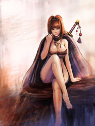Rule 34 | 1girl, akatsuhara empire, barefoot, bccp, between breasts, bottomless, breasts, cape, cleavage, crossed legs, feet, large breasts, legs, pixiv fantasia, pixiv fantasia 3, red hair, sitting, solo, sword, thighs, underboob, weapon