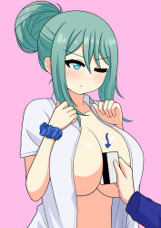 Rule 34 | 2girls, absurdres, aqua eyes, aqua hair, arrow (symbol), asa midori, between breasts, blush, breasts, closed mouth, hair bun, highres, huge breasts, multiple girls, no bra, one eye closed, open clothes, open shirt, original, pink background, rezu (the only shoe), short hair, simple background, solo focus, the only shoe, yuri