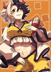 Rule 34 | 1girl, animal print, apapo, black hair, blush, breasts, commentary request, cow girl, cow horns, cow print, cowboy shot, crop top, grey hair, grin, hair between eyes, haori, highres, horns, japanese clothes, large breasts, looking at viewer, midriff, multicolored hair, navel, orange background, outline, red horns, short hair, shorts, smile, solo, split-color hair, tank top, touhou, two-tone hair, ushizaki urumi, white outline, yellow shorts, yellow tank top