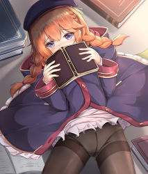 Rule 34 | 1girl, beret, black hat, blush, book, braid, brown hair, brown pantyhose, coat, commentary request, covered mouth, dress, frilled dress, frills, hair between eyes, hat, highres, holding, holding book, hood, hood down, hooded coat, long hair, looking at viewer, lying, mctom, on back, open book, panties, panties under pantyhose, pantyhose, princess connect!, purple coat, purple eyes, solo, thighband pantyhose, twin braids, underwear, white dress, white panties, yuni (princess connect!)