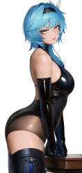 Rule 34 | 1girl, ass, black gloves, black hairband, black leotard, black thighhighs, blue hair, breasts, elbow gloves, eula (genshin impact), from side, genshin impact, gloves, hairband, highres, large breasts, latex, latex gloves, latex leotard, leotard, looking at viewer, nine (kanine41), parted lips, simple background, solo, thighhighs, white background