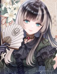 Rule 34 | 1girl, black gloves, black hair, blue eyes, choker, copyright notice, flower, gloves, hand fan, hololive, hololive dev is, juufuutei raden, lace, lace choker, multicolored hair, serino itsuki, smile, two-tone hair, virtual youtuber, white hair