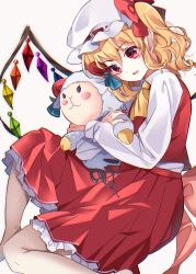 Rule 34 | 1girl, :d, ascot, bare legs, barefoot, blonde hair, bow, character doll, commentary request, crystal, feet out of frame, flandre scarlet, hair bow, highres, holding, holding stuffed toy, looking at viewer, medium hair, meimei (meimei89008309), nail polish, one side up, open mouth, parted lips, pointy ears, red bow, red eyes, red nails, red skirt, red vest, simple background, sitting, skirt, skirt set, smile, solo, stuffed toy, touhou, toutetsu yuuma (sheep), vest, white background, wing collar, wings, yellow ascot