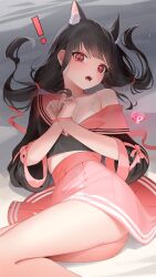 Rule 34 | !, 1girl, absurdres, animal ear fluff, animal ears, black eyes, black hair, black shirt, blunt bangs, bound, bound wrists, bow, bra, breasts, cleavage, copyright request, crop top, feet out of frame, flower print, hair spread out, hands up, highres, legs together, long hair, looking at viewer, low twintails, lying, miniskirt, off shoulder, on side, open mouth, own hands together, pink bow, pink ribbon, pink sailor collar, pink skirt, pleated skirt, ravenpulse, red eyes, ribbon, sailor collar, sailor shirt, school uniform, serafuku, shinigami anri, shirt, single bare shoulder, skirt, small breasts, solo, swept bangs, teeth, twintails, twisted torso, underwear, upper teeth only, v-shaped eyebrows, white bra