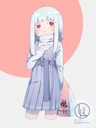 Rule 34 | 1girl, :o, blush, colored eyelashes, commentary request, cropped legs, dress, grey background, hand up, highres, kuro kosyou, long hair, long sleeves, original, parted lips, personification, pink background, pleated dress, purple dress, red eyes, scales, shirt, short eyebrows, silver hair, sleeveless, sleeveless dress, sleeves past wrists, snake, snake tail, solo, tail, thick eyebrows, two-tone background, white shirt, white snake