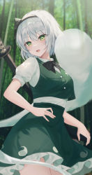 Rule 34 | 1girl, absurdres, black bow, black hairband, blurry, blurry background, blush, bob cut, bow, bowtie, collared shirt, cowboy shot, forest, frilled skirt, frills, green background, green eyes, green vest, grey hair, hairband, hand on own hip, highres, katana, konpaku youmu, konpaku youmu (ghost), light particles, looking down, nature, open mouth, shirt, short hair, short sleeves, skirt, solo, sword, tess (88884), touhou, tree, vest, weapon, weapon on back, white shirt