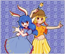 Rule 34 | 2girls, :3, animal ears, bishoujo senshi sailor moon, blonde hair, blue dress, blue hair, brown headwear, cabbie hat, closed mouth, dress, earclip, flat cap, floppy ears, food, hat, long hair, low twintails, midriff, multiple girls, navel, open mouth, pointing, puffy short sleeves, puffy sleeves, rabbit ears, rabbit tail, red eyes, ringo (touhou), seiran (touhou), shirt, short hair, short sleeves, shorts, striped clothes, striped shorts, suwa lagito, tail, thick eyebrows, touhou, twintails, upper body, vertical-striped clothes, vertical-striped shorts, wagashi, white shirt, yellow shorts