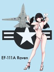 Rule 34 | 1girl, absurdres, aircraft, airplane, artist request, atamonica (style), bare shoulders, bikini, bird, black hair, breasts, cellphone, collarbone, commission, crow, f-111 aardvark, fighter jet, grin, groin, high heels, highres, jet, large breasts, long hair, military, military vehicle, navel, original, personification, phone, pink eyes, second-party source, selfie, smartphone, smile, solo, swimsuit, united states air force