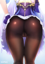 Rule 34 | 1girl, ass, ass focus, black pantyhose, cameltoe, cleft of venus, dress, frilled dress, frilled skirt, frills, from behind, genshin impact, gloves, hand on own hip, head out of frame, kamdz, keqing (genshin impact), legs, lower body, pantyhose, purple dress, purple gloves, purple hair, simple background, skirt, solo, standing, thigh gap, upskirt, view between legs, wardrobe malfunction, white background