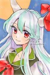 Rule 34 | 1girl, 2zuz4hru, bow, breasts, cleavage, closed mouth, collarbone, collared shirt, commentary request, dress, ex-keine, full moon, green hair, green shirt, grey hair, grey horns, happy, highres, horn bow, horn ornament, horns, kamishirasawa keine, looking at viewer, marker (medium), moon, neckerchief, night, night sky, outdoors, pinafore dress, puffy short sleeves, puffy sleeves, red bow, red eyes, red neckerchief, shirt, short sleeves, sidelocks, sky, sleeveless, sleeveless dress, smile, solo, touhou, traditional media