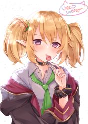 Rule 34 | 1girl, bad id, bad pixiv id, black jacket, black scrunchie, blonde hair, candy, chloe (princess connect!), collar, collared shirt, food, green necktie, grey shirt, hair between eyes, highres, holding, holding food, jacket, licking, lollipop, long jacket, long sleeves, necktie, neco meito, open clothes, open jacket, pointy ears, princess connect!, purple eyes, scrunchie, shirt, short hair, sidelocks, simple background, solo, twintails, upper body, v-shaped eyebrows, white background, wrist scrunchie