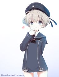Rule 34 | 1girl, arm behind back, black neckerchief, blue dress, blue eyes, blue hat, blue sailor collar, clothes writing, commentary request, dress, finger to mouth, gradient background, hat, kantai collection, looking at viewer, neckerchief, nekomarieru, sailor collar, sailor dress, sailor hat, short hair, silver hair, smile, solo, standing, twitter username, white background, z1 leberecht maass (kancolle)