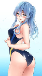 Rule 34 | 1girl, alternate costume, ass, bad id, bad pixiv id, blue eyes, blue hair, blue one-piece swimsuit, blush, breasts, competition swimsuit, covered erect nipples, cowboy shot, gotland (kancolle), hair between eyes, highleg, highleg swimsuit, kantai collection, large breasts, long hair, mole, mole under eye, multicolored clothes, multicolored swimsuit, nanashiki fuuka, one-piece swimsuit, ponytail, sidelocks, solo, standing, striped clothes, striped one-piece swimsuit, swimsuit, vertical-striped clothes, vertical-striped one-piece swimsuit, wet