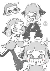 Rule 34 | + +, 1girl, :o, :p, agent 4 (splatoon), blush, closed eyes, commentary, greyscale, hands on own face, headphones, highres, inkling, inkling girl, inkling player character, looking at viewer, medium hair, monochrome, multiple views, nintendo, p-pepper, running, simple background, sitting, sparkle, splatoon (series), splatoon 2, tentacle hair, thick eyebrows, tongue, tongue out, white background