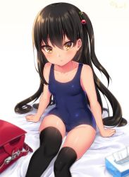 Rule 34 | 1girl, backpack, bad id, bad twitter id, bag, black hair, black thighhighs, blue one-piece swimsuit, blurry, breasts, brown eyes, covered navel, depth of field, hair ornament, highres, long hair, looking at viewer, navy (navy.blue), old school swimsuit, one-piece swimsuit, one side up, original, randoseru, school swimsuit, sitting, small breasts, solo, swimsuit, tan, tanline, thighhighs, tissue box
