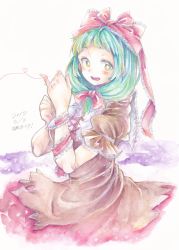 Rule 34 | 1girl, 2017, :d, arm ribbon, blunt bangs, blush, bow, clenched hand, dated, dress, frilled bow, frilled ribbon, frills, front ponytail, green eyes, green hair, hair bow, heart, heart of string, highres, hinamatsuri, kagiyama hina, long hair, looking at viewer, open mouth, pinky out, red dress, red ribbon, ribbon, simple background, smile, solo, string, string of fate, touhou, wadante, white background