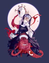 Rule 34 | 1girl, absurdres, blonde hair, blue background, breasts, crown, double (skullgirls), dual persona, extra eyes, extra mouth, closed eyes, habit, hand on own cheek, hand on own face, highres, large breasts, monster, monster girl, nun, open mouth, red eyes, saliva, saliva trail, skullgirls, smile, solo, tongue, tongue out
