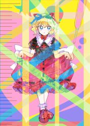 Rule 34 | 1girl, back bow, black shirt, blonde hair, blue eyes, bobby socks, bow, bowtie, bubble skirt, collared shirt, commentary request, frilled shirt, frilled shirt collar, frilled skirt, frilled sleeves, frills, full body, hair ribbon, highres, holding, holding clothes, holding skirt, itomugi-kun, medicine melancholy, parted lips, puffy short sleeves, puffy sleeves, red bow, red bowtie, red footwear, red ribbon, red skirt, ribbon, shirt, short hair, short sleeves, skirt, socks, standing, touhou, wavy hair, white bow, white socks