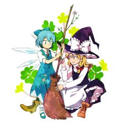 Rule 34 | 2girls, blonde hair, blue eyes, blue hair, boots, bow, braid, broom, cirno, clover, flower, four-leaf clover, full body, hair bow, hat, ice, ice wings, kirisame marisa, mary janes, multiple girls, natsume (menthol), shoes, simple background, sitting, smile, touhou, wings, witch hat, yellow eyes