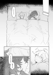 Rule 34 | ..., 1boy, 1girl, aether (genshin impact), bed, blanket, closed mouth, diluc (genshin impact), genderswap, genderswap (mtf), genshin impact, greyscale, highres, long hair, looking at another, lying, monochrome, on back, on side, pillow, simple background, speech bubble, tabibitowayo, translation request