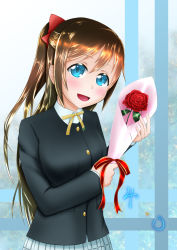 Rule 34 | 1girl, aqua eyes, artist name, artist request, black cardigan, black jacket, blue eyes, blush, bouquet, bow, breasts, brown hair, buttons, cardigan, checkered clothes, checkered skirt, collared shirt, female focus, flower, hair between eyes, hair bow, highres, holding, holding bouquet, jacket, long hair, long sleeves, looking at viewer, love live!, love live! nijigasaki high school idol club, medium breasts, miniskirt, nijigasaki school uniform, osaka shizuku, parted lips, plaid, plaid skirt, pleated, pleated skirt, ponytail, red bow, red flower, red rose, ribbon, rose, school uniform, shirt, skirt, smile, solo, white shirt, white skirt, yellow buttons, yellow neckwear, yellow ribbon