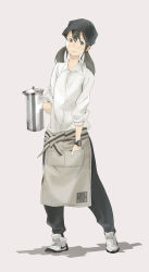 Rule 34 | 1girl, apron, bandana, black eyes, black hair, coffee pot, flat chest, hand in pocket, highres, long hair, original, popman3580, shoes, smile, sneakers, solo, twintails, waitress, watch