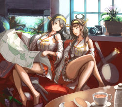 Rule 34 | 10s, 2girls, ahoge, bare shoulders, barefoot, black hair, brown hair, cup, detached sleeves, doraxi, double bun, fish tank, hairband, haruna (kancolle), headgear, japanese clothes, kantai collection, kongou (kancolle), long hair, long legs, map, multiple girls, nontraditional miko, remodel (kantai collection), ribbon-trimmed sleeves, ribbon trim, teacup