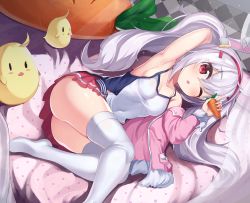 Rule 34 | 1girl, 2drr, animal, animal ears, argyle, arm up, armpits, ass, azur lane, bed sheet, bird, blush, breasts, camisole, carrot, chick, commentary request, food, fur-trimmed jacket, fur-trimmed sleeves, fur trim, hair between eyes, hair ornament, hairband, highres, holding, holding food, jacket, laffey (azur lane), long hair, long sleeves, lying, no shoes, on side, one eye closed, parted lips, pink jacket, pleated skirt, rabbit ears, red eyes, red hairband, red skirt, silver hair, skirt, small breasts, solo, thighhighs, twintails, very long hair, white camisole, white thighhighs