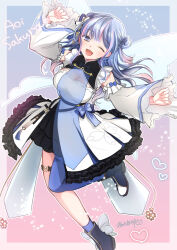 Rule 34 | 1girl, ;d, aoi sakura 3 (vtuber), black collar, black skirt, blue bow, blue footwear, blue sash, boots, bow, breasts, character name, cleavage, collar, detached sleeves, double bun, dress, frilled dress, frills, gradient hair, hair bow, hair bun, highres, indie virtual youtuber, long hair, long sleeves, looking at viewer, medium breasts, miniskirt, multicolored hair, one eye closed, open mouth, pink hair, pleated skirt, sash, see-through, see-through cleavage, skirt, smile, solo, suzaka shina, virtual youtuber, white bow, white dress, white hair, wide sleeves
