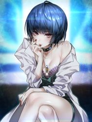 Rule 34 | 10s, 1girl, blue hair, bra, breasts, brown eyes, head rest, choker, closed mouth, coat, collarbone, hizuki akira, jewelry, lab coat, crossed legs, looking at viewer, nail polish, necklace, off shoulder, pale skin, persona, persona 5, purple bra, purple eyes, red nails, seiza, short hair, sitting, small breasts, smile, solo, takemi tae, underwear, upper body, white coat