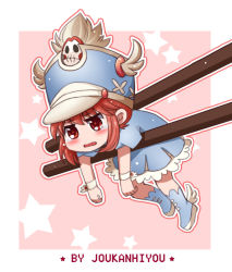 Rule 34 | 10s, 1girl, artist name, band uniform, blue dress, blue footwear, blue hat, blush, boots, border, chibi, chopsticks, dress, full body, hair between eyes, hat, holding, jakuzure nonon, jokanhiyou, kill la kill, knee boots, looking away, looking down, open mouth, pink background, red eyes, red hair, shako cap, shoes, short hair, short sleeves, sidelocks, skull, solo focus, star (symbol), starry background, tearing up, wavy mouth, white border, winged hat, wrist cuffs