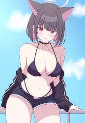 Rule 34 | 1girl, absurdres, animal ears, bare shoulders, bikini, black bikini, black choker, black hair, black jacket, black shorts, blue archive, blue sky, blush, breasts, cat ears, choker, cleavage, collarbone, colored inner hair, commentary request, cowboy shot, facing viewer, halo, halterneck, highres, jacket, jacket partially removed, kazusa (blue archive), long sleeves, looking down, magaasha, medium breasts, medium hair, micro shorts, multicolored hair, navel, open mouth, partial commentary, pink hair, pink halo, red eyes, shorts, sky, solo, string bikini, sweat, swimsuit