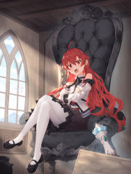 Rule 34 | 1girl, ahoge, armchair, bare shoulders, black footwear, black hairband, black skirt, chair, commentary request, crossed arms, crossed legs, day, detached sleeves, eris greyrat, frilled skirt, frills, godoju, hair between eyes, hairband, highres, indoors, juliet sleeves, long hair, long sleeves, looking at viewer, mary janes, mushoku tensei, off-shoulder shirt, off shoulder, on chair, open mouth, pantyhose, puffy sleeves, red eyes, red hair, red shirt, shirt, shoes, skirt, solo, teeth, upper teeth only, v-shaped eyebrows, very long hair, white hair, white pantyhose, white sleeves, window