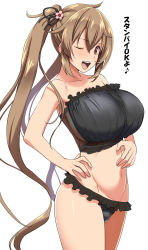 Rule 34 | 10s, 1girl, bare shoulders, black panties, breasts, collarbone, crop top, female focus, frilled panties, frills, from side, hair ornament, hair ribbon, hands on own hips, highres, huge breasts, kantai collection, kloah, large breasts, light brown hair, long hair, looking at viewer, midriff, murasame (kancolle), navel, no pants, one eye closed, panties, red eyes, ribbon, see-through, sideboob, simple background, solo, strapless, translated, tube top, twintails, underwear