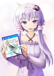 Rule 34 | 1girl, absurdly long hair, aqua hair, arms behind back, black skirt, black thighhighs, collarbone, daidou, daidou (demitasse), detached sleeves, dress, eyebrows, closed eyes, game console, grey skirt, hair between eyes, hair ornament, hatsune miku, highres, holding, long hair, looking at viewer, microphone, open mouth, own hands together, playstation 4, pleated skirt, purple dress, purple eyes, purple hair, short hair with long locks, skirt, solo, thighhighs, twintails, upper body, very long hair, vocaloid, voiceroid, yuzuki yukari, zettai ryouiki