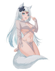 Rule 34 | 1girl, absurdres, animal ear fluff, animal ears, blue eyes, breasts, cleavage, clenched hand, cropped sweater, d-pad, d-pad hair ornament, fang, fox ears, fox girl, fox tail, hair ornament, hairclip, highres, indie virtual youtuber, large breasts, long hair, long sleeves, looking at viewer, midori xu, mizuki (vtuber), navel, no bra, open mouth, pelvic curtain, revealing clothes, side-tie skirt, simple background, skirt, sleeves past wrists, solo, stomach, sweater, swept bangs, tail, thighs, underboob, v, very long hair, virtual youtuber, white background, white skirt, white sweater