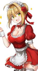 Rule 34 | &gt;:d, 10s, 1girl, ahoge, alternate costume, apron, arm behind back, blush, bow, bowtie, breasts, bridal garter, cleavage, collarbone, dress, enmaided, fate/extra, fate (series), flower, frilled apron, frilled dress, frilled sleeves, frills, hair flower, hair ornament, hair ribbon, hiroki (hirokiart), leaning forward, looking at viewer, maid, maid headdress, medium breasts, neck garter, nero claudius (fate), nero claudius (fate) (all), nero claudius (fate/extra), puffy short sleeves, puffy sleeves, red bow, red bowtie, red dress, red flower, red ribbon, red rose, ribbon, rose, round teeth, shiny skin, short sleeves, sidelocks, simple background, solo, tareme, teeth, thighhighs, v-shaped eyebrows, waist apron, white apron, white background, wrist cuffs, zettai ryouiki