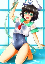 Rule 34 | 1girl, aqua eyes, barefoot, black hair, breasts, d-m (dii emu), hat, highres, hose, kneeling, murasa minamitsu, one-piece swimsuit, sailor, sailor collar, sailor hat, school swimsuit, school uniform, serafuku, short hair, short sleeves, small breasts, solo, swimsuit, swimsuit under clothes, touhou, wet, wet clothes, wet swimsuit