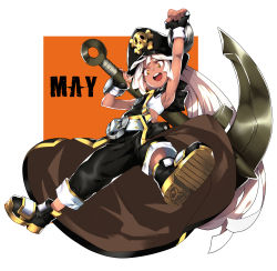 Rule 34 | 1girl, absurdres, alternate color, anchor, ankle boots, armpits, belt, boots, breasts, brown eyes, character name, coattails, dark skin, dark-skinned female, fingerless gloves, fist pump, full body, gloves, guilty gear, guilty gear xrd, hat, highres, huge weapon, long hair, makai, may (guilty gear), open mouth, pants, pants rolled up, pirate hat, small breasts, solo, weapon, white hair