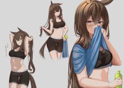 Rule 34 | 1girl, admire vega (umamusume), animal ears, arms up, bike shorts, black shorts, blue shirt, bottle, breasts, brown hair, cleavage, clothes lift, grey background, highres, holding, holding bottle, holding clothes, holding hair, holding shirt, horse ears, horse girl, horse tail, lifted by self, long hair, looking at viewer, medium breasts, multiple views, navel, open mouth, purple eyes, ryouta (ryouta335), shirt, shirt lift, unworn shirt, shorts, simple background, stomach, sweat, tail, thigh gap, translation request, umamusume, upper body, wiping sweat