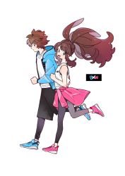 Rule 34 | 1boy, 1girl, :d, alternate costume, blue eyes, blue footwear, blue jacket, brown eyes, brown hair, clenched hand, clothes around waist, creatures (company), floating hair, from side, game freak, hagetapo, high ponytail, hilbert (pokemon), hilda (pokemon), hood, hooded jacket, jacket, jogging, leg up, leggings, long hair, long sleeves, looking back, nintendo, open clothes, open jacket, open mouth, pink footwear, pokemon, pokemon bw, shirt, shoes, short hair, shorts, sidelocks, simple background, sleeveless, sleeveless shirt, smile, sneakers, standing, standing on one leg, tongue, white background, white shirt