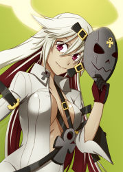 Rule 34 | 1girl, albino, ankh, belt, bodysuit, breasts, covered erect nipples, gloves, gradient background, guilty gear, guilty gear xrd, hasebe akira, jack-o&#039; valentine, long hair, looking at viewer, mask, multicolored hair, red eyes, smile, solo, two-tone hair, very long hair, white hair