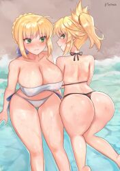 Rule 34 | 2girls, ahoge, alternate breast size, artoria pendragon (fate), artoria pendragon (swimsuit archer) (fate), ass, back, bikini, blonde hair, blue ribbon, blush, braid, breasts, cleavage, closed mouth, covered erect nipples, fate/grand order, fate (series), french braid, from behind, green hair, hair ribbon, highres, large breasts, looking at another, looking back, mordred (fate), mordred (fate) (all), mordred (swimsuit rider) (fate), mother and daughter, multiple girls, norza, ponytail, ribbon, smile, sweatdrop, swimsuit, thigh gap, underboob, water, wet, white bikini