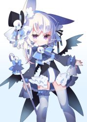 Rule 34 | 1girl, animal ears, black jacket, blue bow, blue ribbon, bow, cane, cat ears, clip studio paint (medium), coattails, demon wings, frilled sleeves, frilled thighhighs, frills, hair ribbon, hairband, hat, holding, holding cane, jacket, leotard, long sleeves, original, purple eyes, ribbon, skull, solo, thighhighs, top hat, white hair, white thighhighs, wings, yokoe (mealtime)