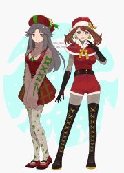 2girls alternate_costume ariekochan belt black_belt black_footwear black_gloves blue_eyes boots breasts brown_eyes brown_hair brown_sweater capelet cleavage creatures_(company) dress earrings elbow_gloves full_body fur-trimmed_capelet fur_trim game_freak gloves grey_hair hat highres jewelry leaf_(pokemon) long_sleeves looking_at_viewer may_(pokemon) medium_breasts mistletoe multiple_girls nintendo pantyhose pine_tree pokemon pokemon_frlg pokemon_rse print_pantyhose red_capelet red_dress red_footwear ribbon santa_costume santa_hat shoes smile smug sphere_earrings sweater thigh_boots tree turtleneck turtleneck_sweater twitter_username white_background