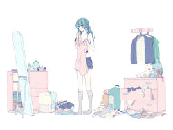 Rule 34 | 1girl, backpack, bad id, bad pixiv id, bag, bra, clothes, drawer, female focus, flat color, glasses, hatsune miku, jacket, kneehighs, lingerie, makeup, mirror, no shirt, pale color, shorts, simple background, socks, solo, standing, stuffed animal, stuffed toy, takahashi712, twintails, underwear, underwear drawer, unworn backpack, unworn bag, unworn jacket, vocaloid, white background