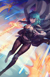 Rule 34 | 1girl, ahoge, armor, ascot, axe, belt, black pantyhose, blue eyes, blue hair, boots, breasts, brown pantyhose, byleth (female) (fire emblem), byleth (fire emblem), cape, cleavage cutout, clothing cutout, coat, dagger, fire, fire emblem, fire emblem: three houses, gauntlets, hair between eyes, high heel boots, high heels, highres, kaijuicery, knee boots, knife, lace, lace-trimmed legwear, lace trim, large breasts, long hair, midriff, nintendo, pantyhose, pantyhose under shorts, polearm, print pantyhose, short shorts, shorts, shoulder armor, solo, spear, super smash bros., sword, watermark, weapon
