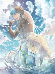 Rule 34 | 1boy, abs, animal, arm up, belt, blue hair, blue sky, cloud, cu chulainn (caster) (fate), cu chulainn (fate), dog, water drop, earrings, fate/grand order, fate (series), fingerless gloves, gloves, highres, in water, jewelry, long hair, male focus, muscular, muscular male, open mouth, red eyes, ro (pixiv34009774), shirt, skin tight, sky, sleeveless, sleeveless shirt, spiked hair, twitter username, wading, water, wet, white wolf, wolf