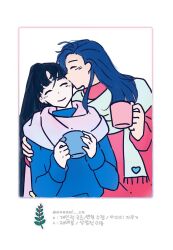 Rule 34 | 2girls, ^ ^, ado (utaite), asa 5732, black hair, blue hair, blue scarf, blue sweater, closed eyes, closed mouth, cloud nine inc, commentary request, cup, hand on another&#039;s arm, height difference, highres, holding, holding cup, kiss, kissing cheek, korean text, long hair, long sleeves, merry (ado), multiple girls, naima (ado), pink scarf, pink sweater, readymade (ado), scarf, smile, sweater, translation request, usseewa, voice actor connection, yuri